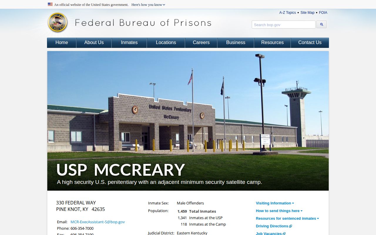 Federal Bureau of Prisons page for USP McCreary